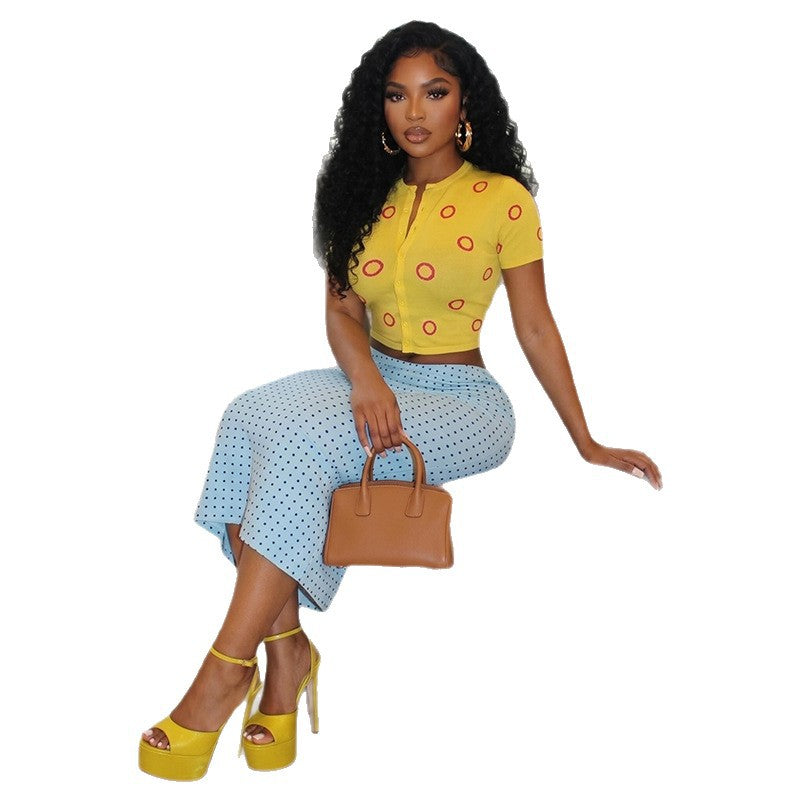 Fashion style export fresh casualaccessible luxury women's clothing hip-covering new skirt suit round neck cardigan short-sleeved navel-baring two-piece set