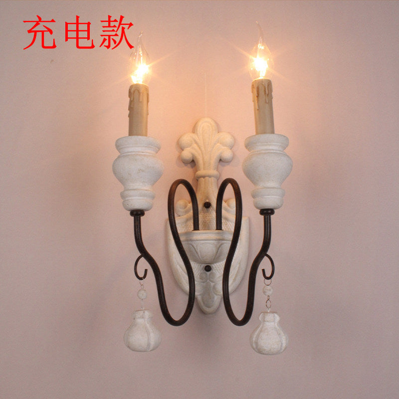 American retro wall lamp - cordless charging, solid wood, french style for living room, bedroom, bedside, hallway, stairway, candle wall sconce
