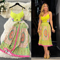 European and american retro court style printed set: women's short french bandeau camisole top + high-waisted pleated midi skirt