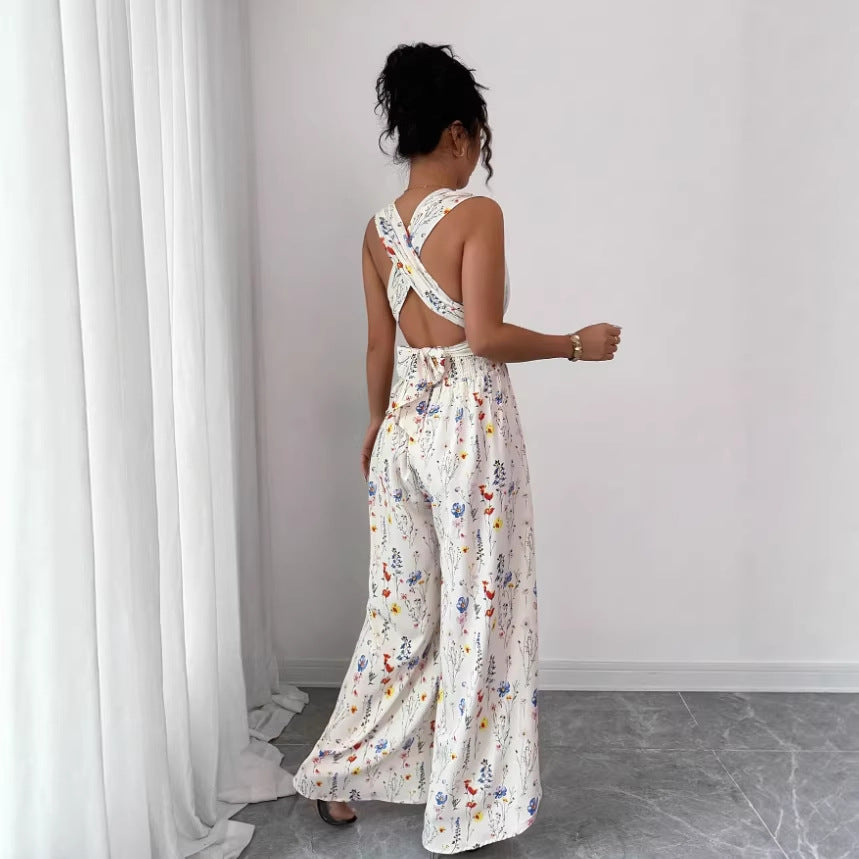 cross-border e-commerce floral digital print camisole and jumpsuit fashionable versatile women's vacation outfit