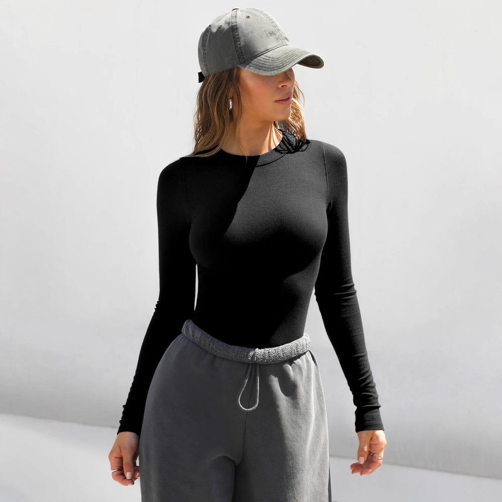 Fashion2025new arrivaly2k clothes threaded round neck long sleeves t-shirt women's bottomoutwear silm right shoulder hot girltops