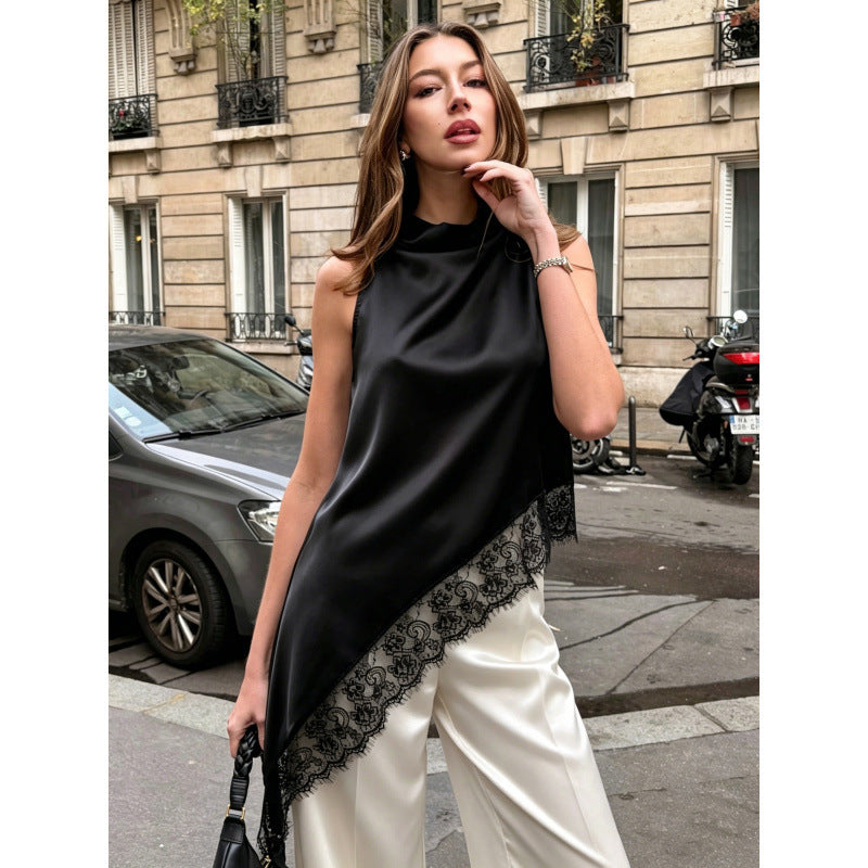 European and american cross-border new arrival: summer elegant slim-fit versatile sleeveless lace trim blouse for women