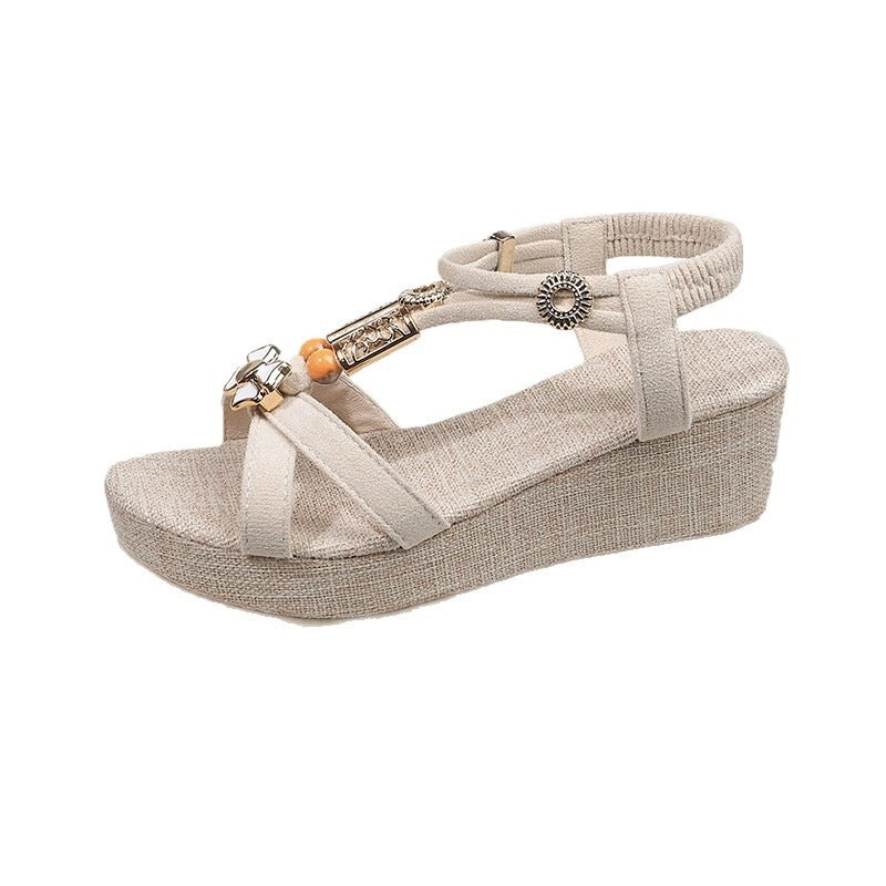 Women's beaded wedge sandals for export to europe and the us - new bohemian thick-soled platform roman sandals for summer