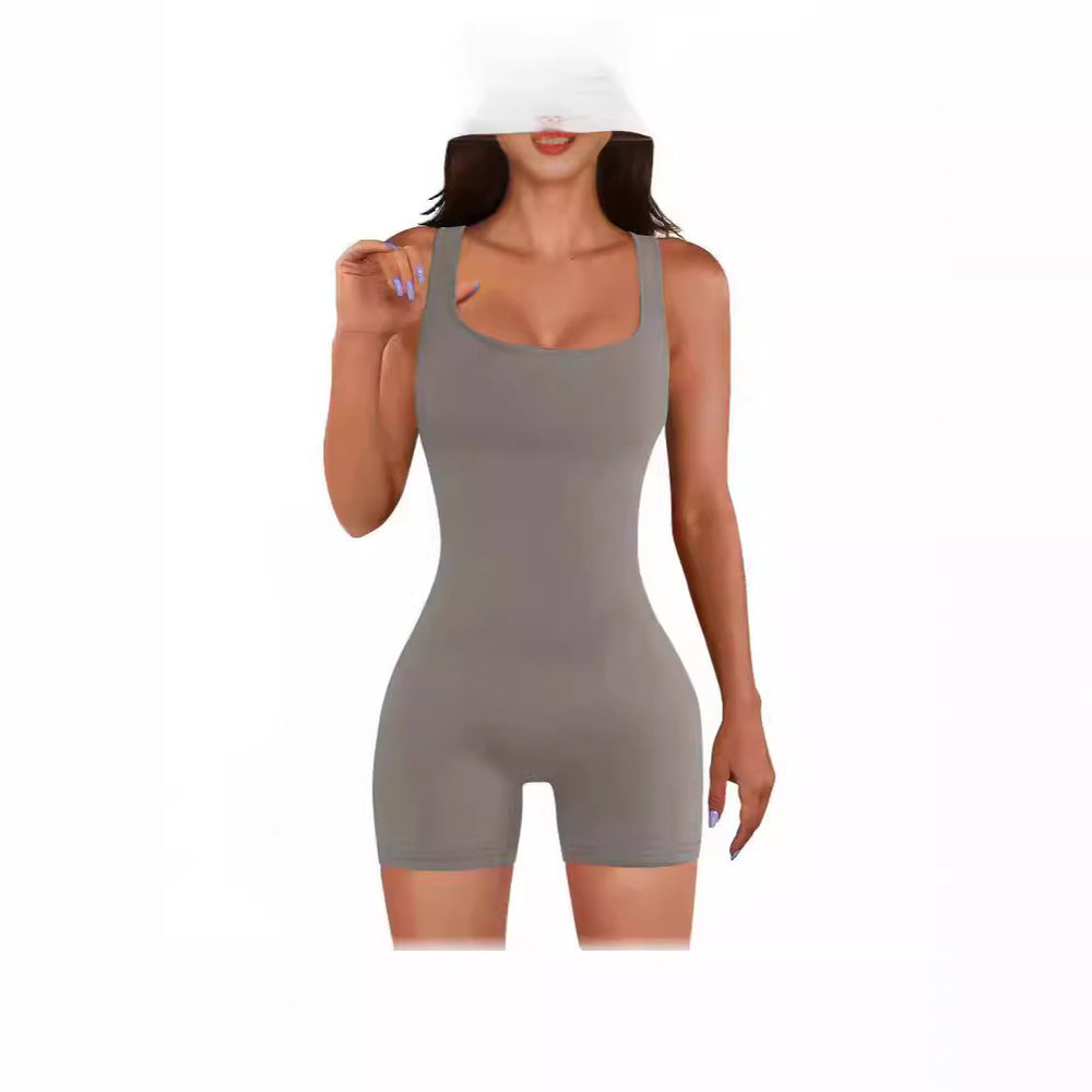 summer women's zipper solid color square neck sleeveless waist tight one-piece shorts yoga pants