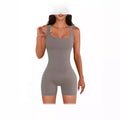 summer women's zipper solid color square neck sleeveless waist tight one-piece shorts yoga pants