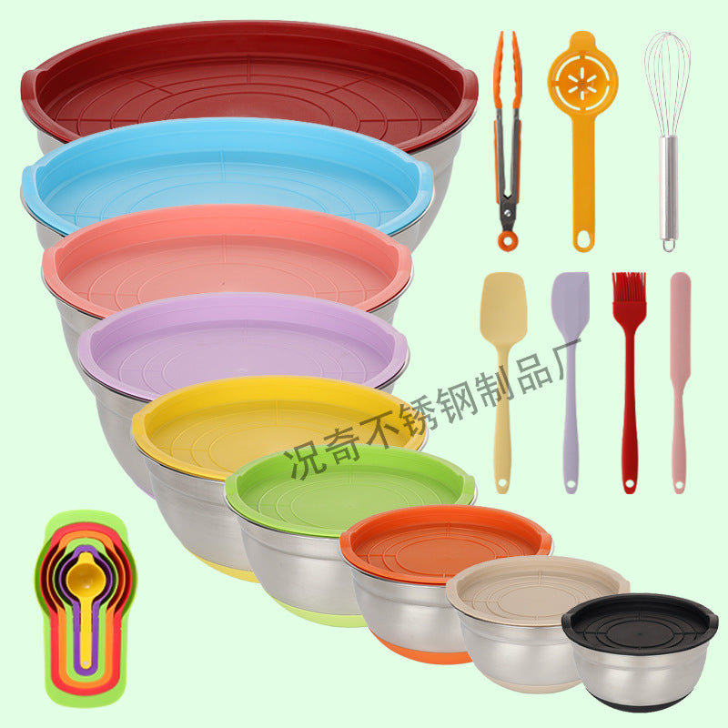 Stainless steel deep salad bowl with color-sprayed lid, round mixing bowl with non-slip silicone base for kitchen use