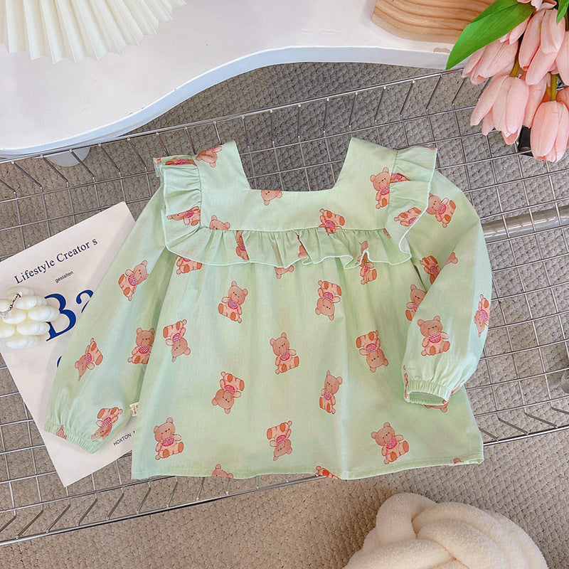 Kids'  autumn new arrival: stylish long-sleeve korean style cotton shirt for girls - sweet and chic square neck