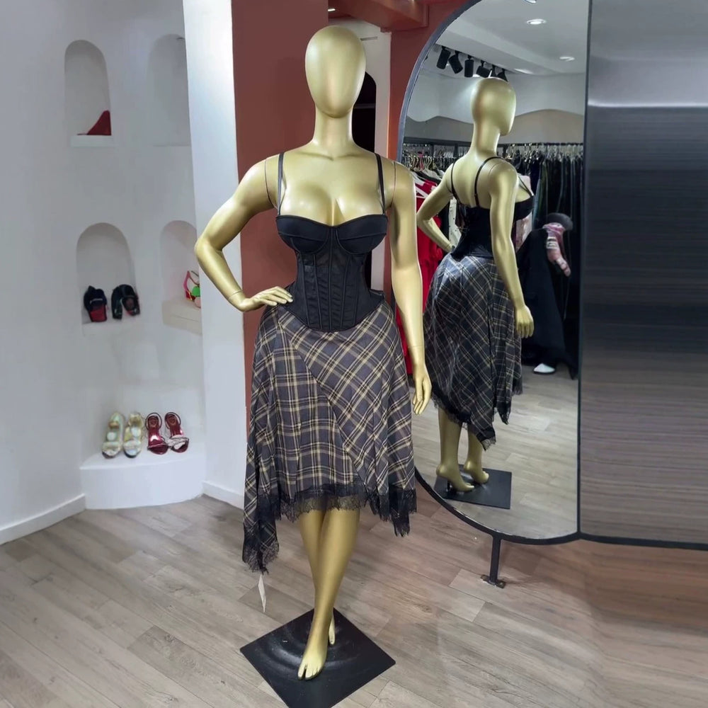 European and american cross-border women's fashion  summer new sexy and elegant fishbone camisole top with plaid midi skirt set