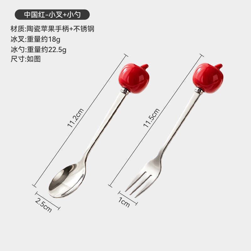 Colorful apple fork and spoon set - creative spoons with stainless steel and ceramic handles for fruit, coffee, cake, and desserts - wholesale