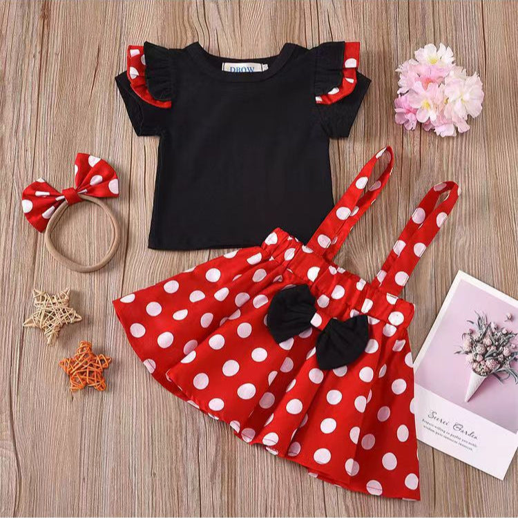 Best sellingpleated skirt kidsfall and winterlong sleeves cartoon polka dot suspender skirt children's clothing with hair tie 5t european and american girl suit