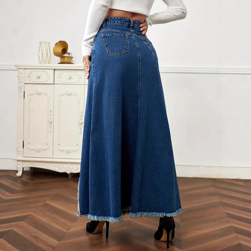 European and american patchwork midi skirt  new arrival - hot selling export raw hem denim skirt - washed slit denim midi skirt