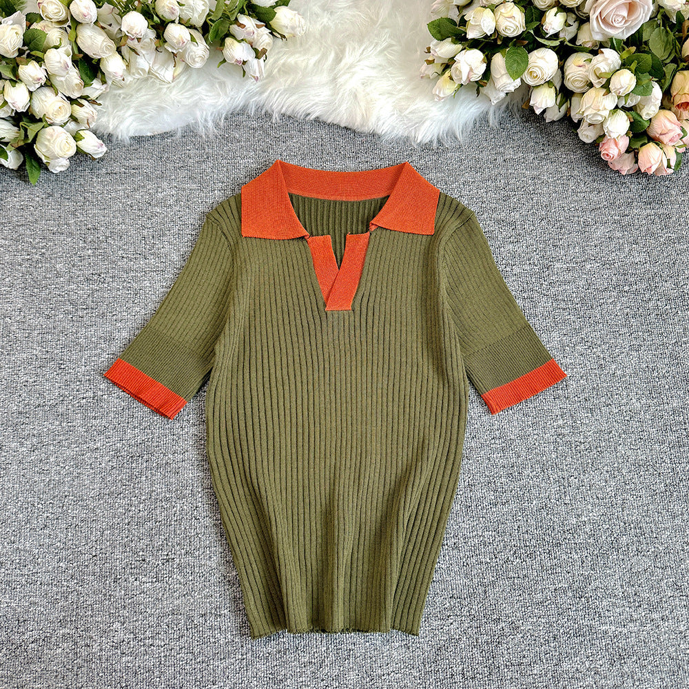 French polo collar color block knit top - women's summer slim fit short sleeve lightweight knit t-shirt - trendy outerwear