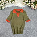 French polo collar color block knit top - women's summer slim fit short sleeve lightweight knit t-shirt - trendy outerwear