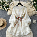 Vacation-style dress for women, spring  collection: french-inspired tie-waist, single-breasted, lantern sleeve, ruffle-trimmed fairy mini dress