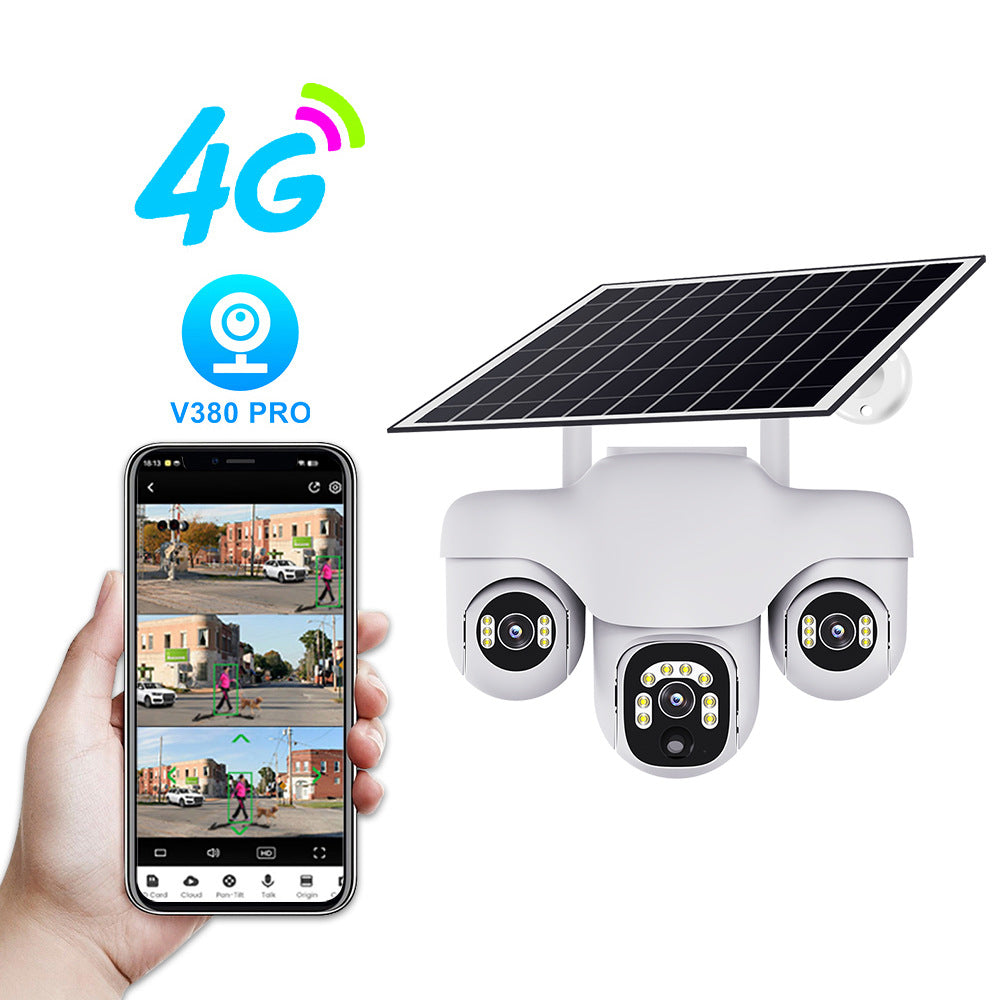 Cross-border low-power V380 monitoring outdoor grid-free and unplugged 4G three-ball rotating solar surveillance camera