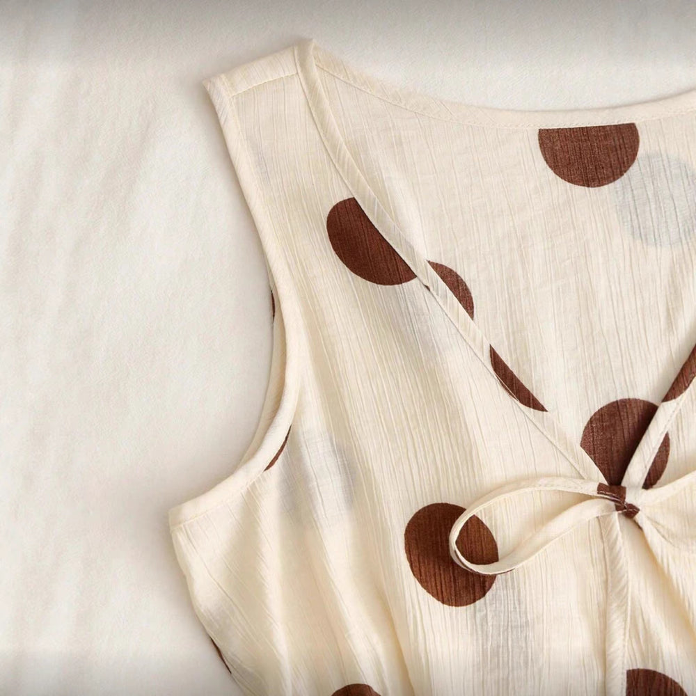 cross-border fashion summer casual vacation women's cute beige two-piece sleeveless polka dot tie-up top and pants set