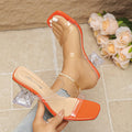 European and american plus size transparent crystal heel sandals - women's summer fashion new one-strap square toe high heel slippers