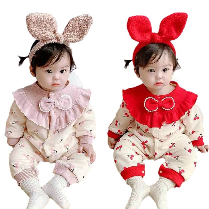 Spring autum baby infant cute princess style jumpsuit baby girl patchwork cherry style romper outing clothes