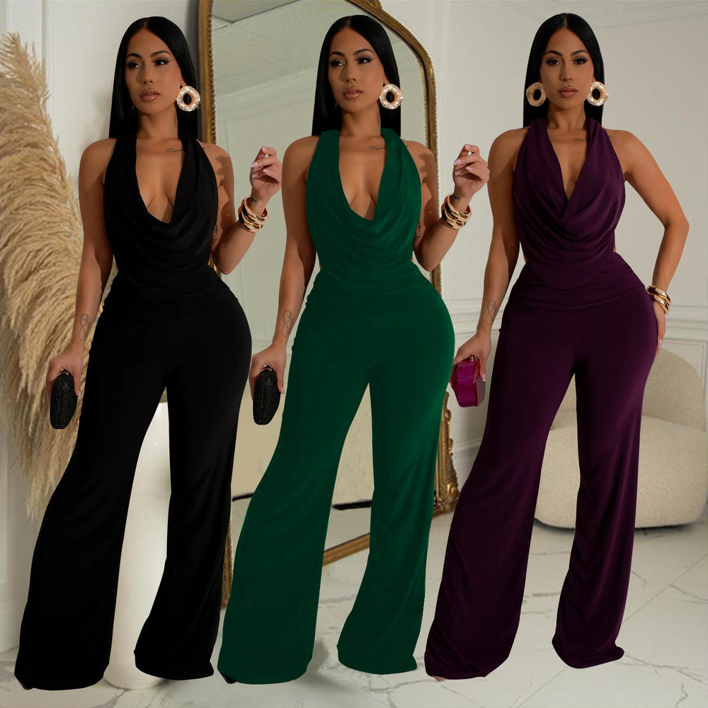 C7085 cross-border   independent station fashion women's sleeveless deep v pants suit pants two pieces