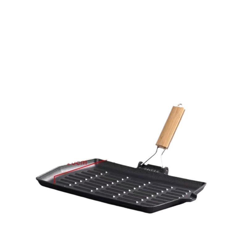 Cast iron pan Steak frying pan Pig iron frying pan Portable wooden handle folding frying pan Rectangle frying pan with oil nozzle Flat bottom frying pan