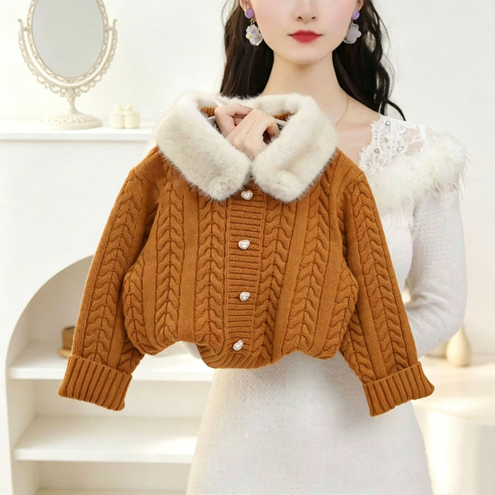 Girls' sweater set - new winter  collection: faux fur collar jacket & wool blend plaid skirt - trendy two-piece outfit