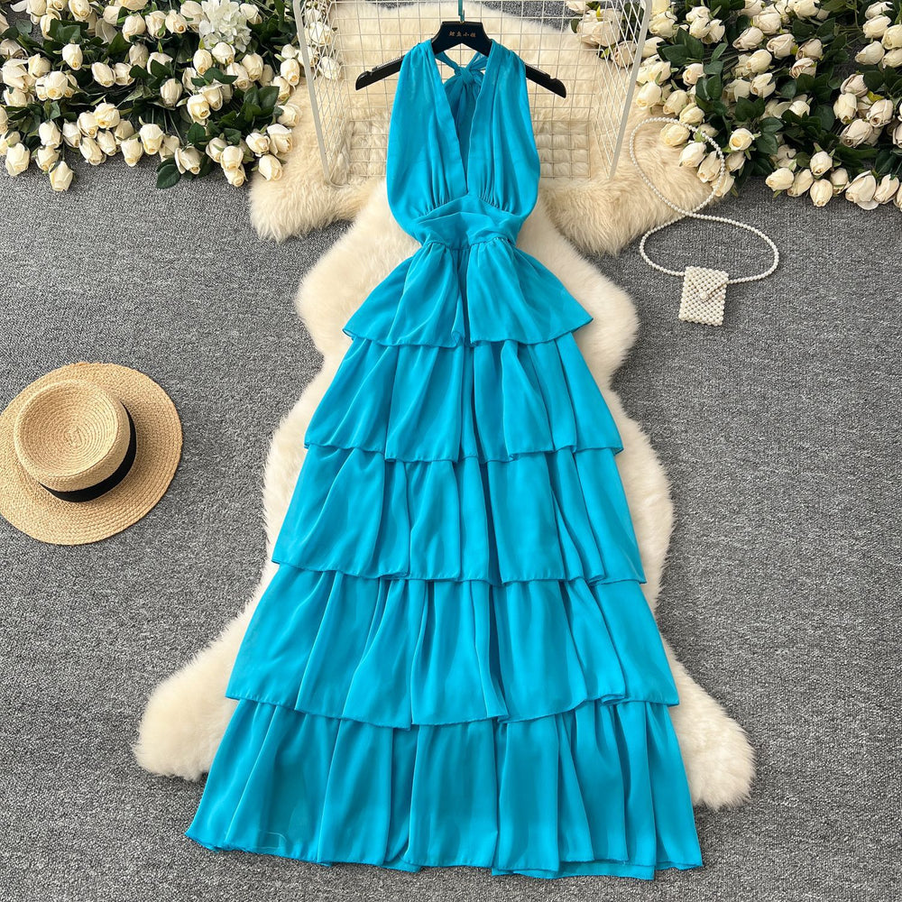 Summerniche style deep v neckhalter strap sleeveless ruffles cake dress female waist elegant holiday long skirt