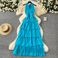 Summerniche style deep v neckhalter strap sleeveless ruffles cake dress female waist elegant holiday long skirt