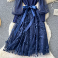 French chic embroidered mesh lantern sleeve knit patchwork waist-tie flared fairy dress