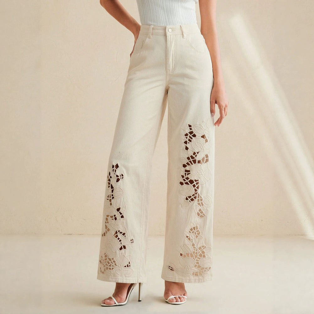 Off-white hollow-out embroidered wide-leg jeans - women's high-waisted slimming straight-leg denim pants - premium quality for cross-border e-commerce