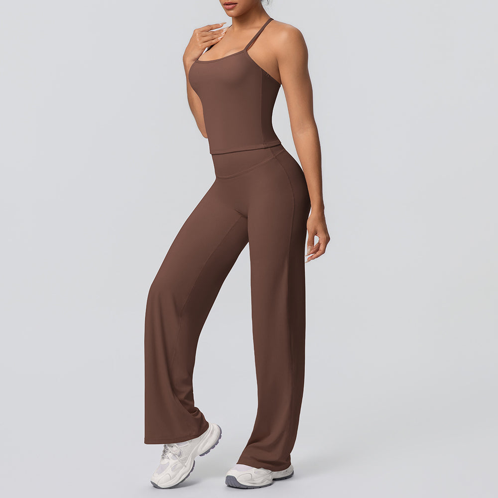 Ready-to-ship cross-border seamless double-sided nylon bra & leggings set - wide leg yoga outfit for running and fitness (two-piece)