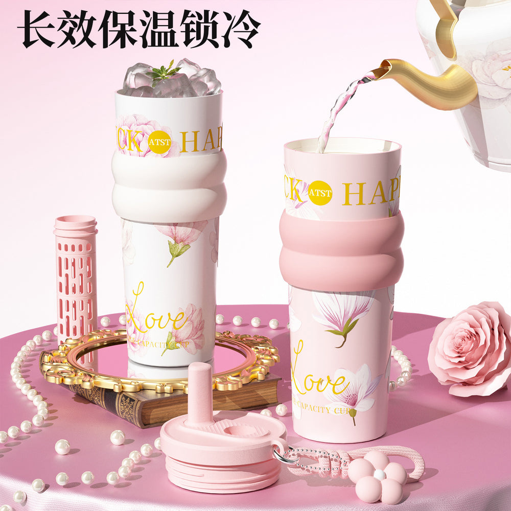 Blooming ice cup ceramic liner insulated cup cold cup large capacity good-looking water cup portable car straw cup