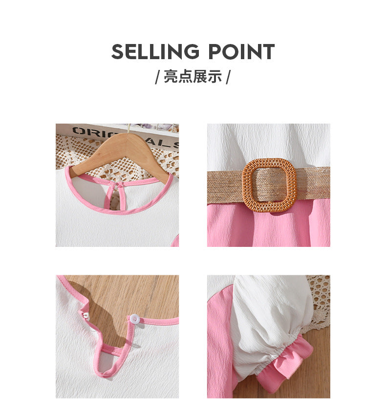 girls' dress - pink & white color block, bubble sleeves, belted waist, sweet princess style, summer children's skirt