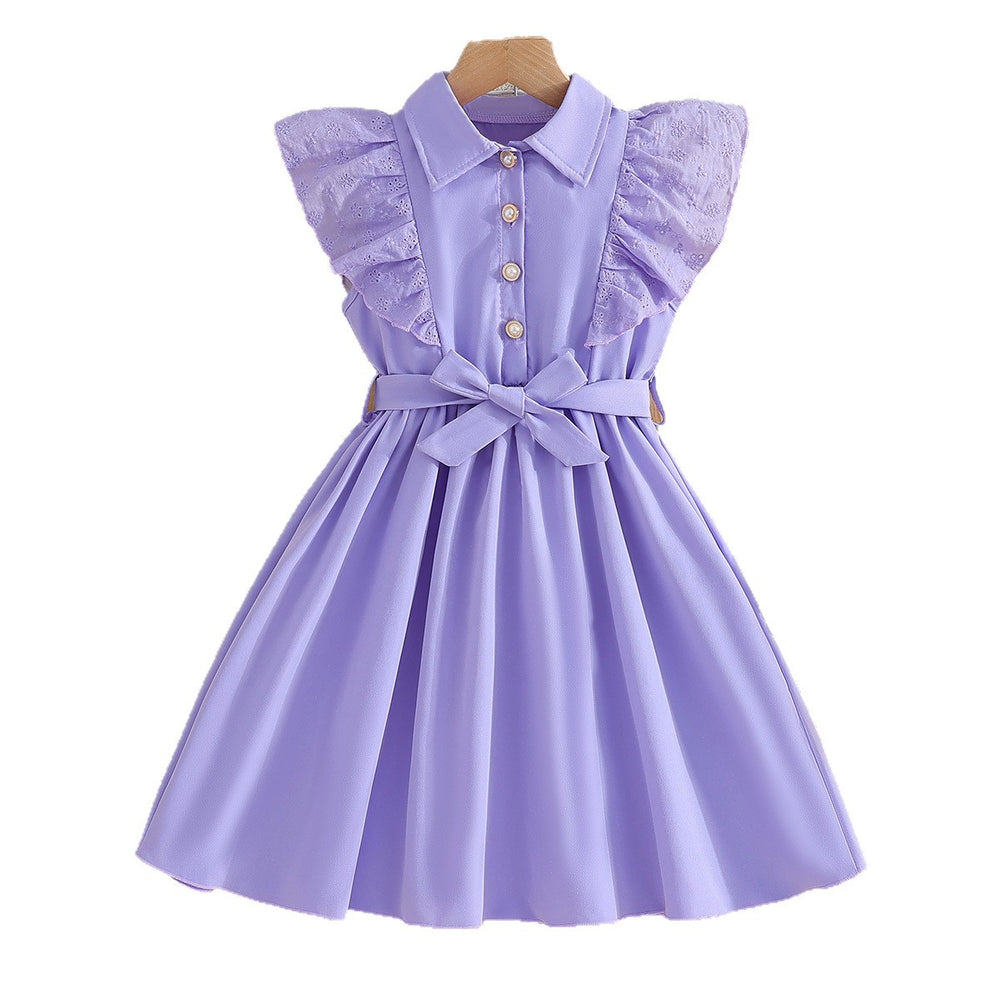 girls' summer dress - purple flutter sleeve ruffle trim bow belt kids' cute tank top a-line dress