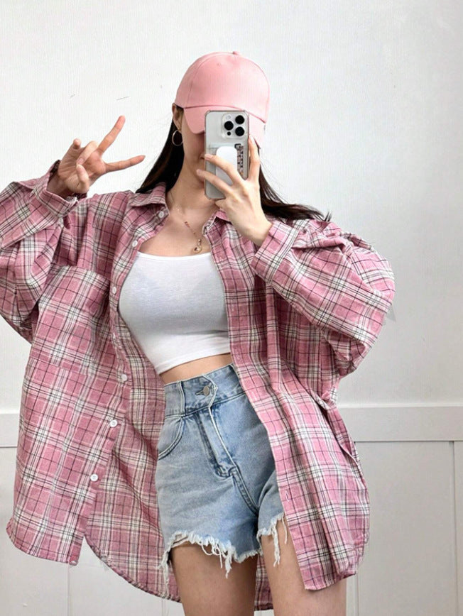 European and american cross-border  spring versatile commute collared long-sleeve loose fit designer plaid pocket women's blouse