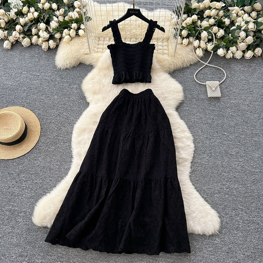 Super fairy vacation wear women's summer wear pure desire elastic silm camisole cut outembroiderhigh waist skirt suit