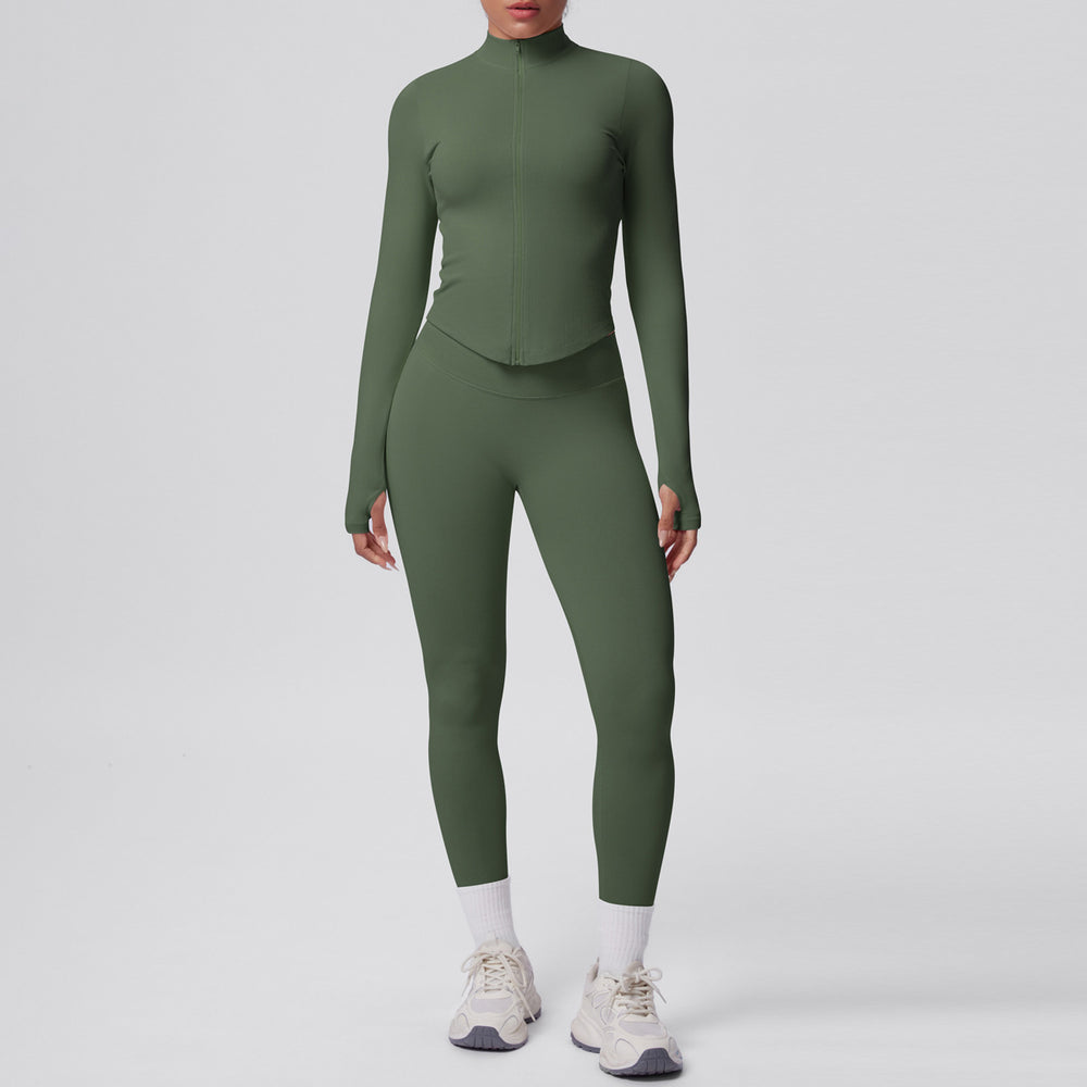 High-waisted, butt-lifting, form-fitting yoga set. solid color, seamless, stand-up collar, longline activewear. perfect for outdoor running and fitness