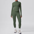 High-waisted, butt-lifting, form-fitting yoga set. solid color, seamless, stand-up collar, longline activewear. perfect for outdoor running and fitness