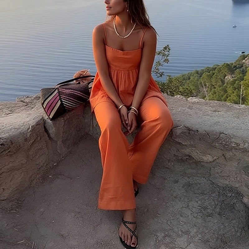 cross-border european and american women's clothing: new summer casual commute solid color camisole top and straight-leg pants fashion set