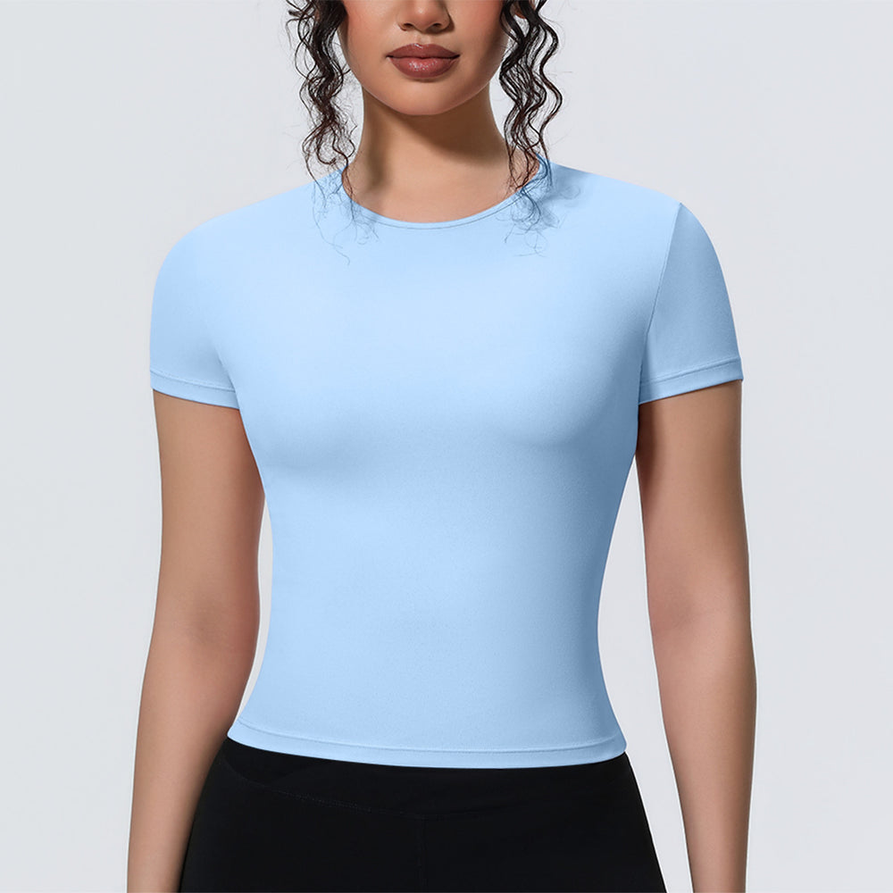 new arrival sports nude waist silm short-sleeved breathable yoga clothes t-shirt running training fitness tops for women