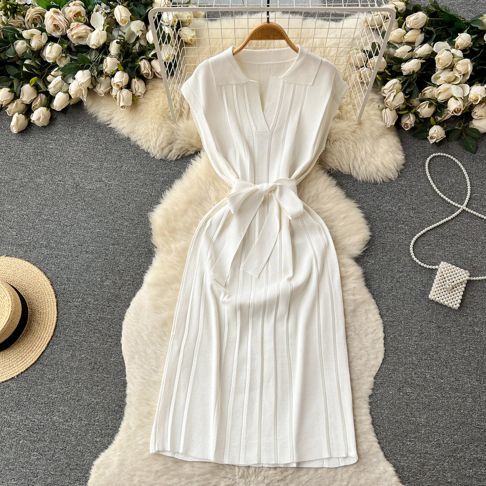 Summer dress women's tie back waist slimming lookelegantretropolo collar knitting skirt medium long sleeveless vest dress