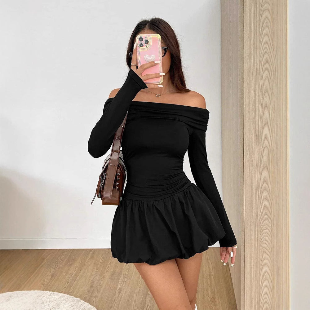 Amazon hot girl mini cake dress long sleeves one shoulder ruffles waist slimming lookdress