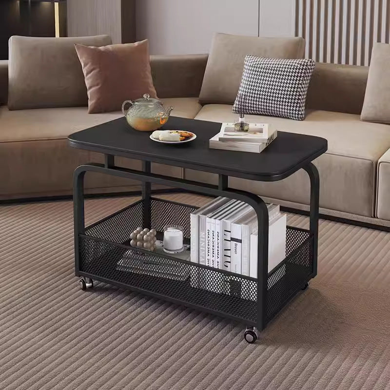 Modern minimalist mobile square rock slab coffee table - small apartment mobile cart side table coffee table square table