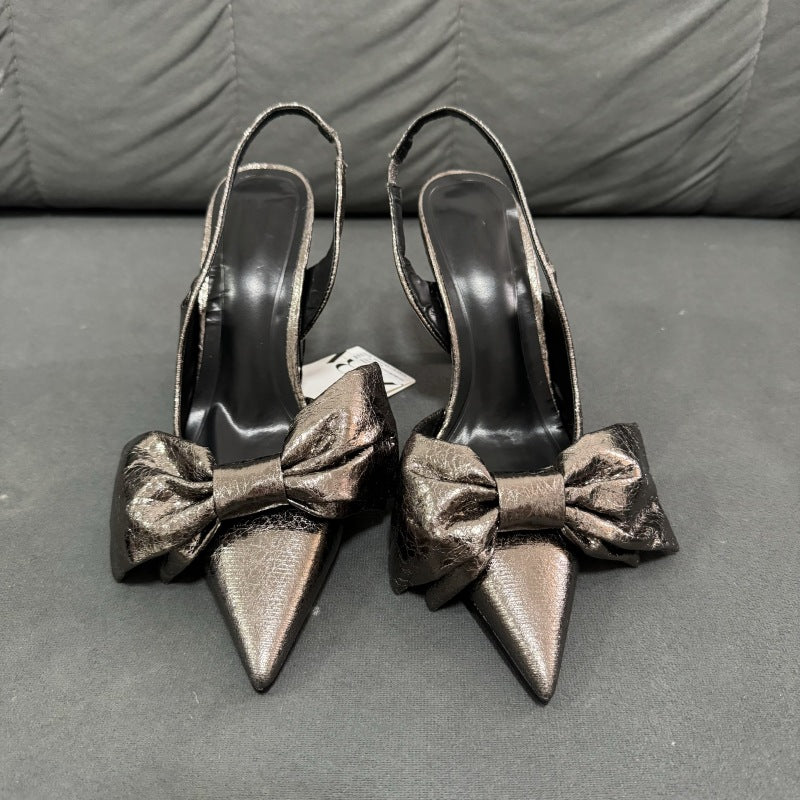 Z's new gray bows ultra-high heel metal cracked back strap stiletto women's sandals