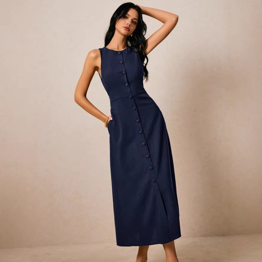 european and american cross-border sleeveless single-breasted new long dress - elegant tie-waist dress