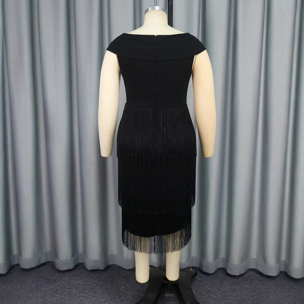 AM041114 Fashion Asymmetrical Neck Sleeveless Tassel Dress, Party Ball Elegant High Waist Dress dresses