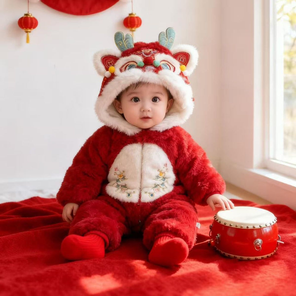 Autumn/winter fleece-lined full month, 100-day, and first birthday baby clothes - unisex chinese style rompers, traditional chinese winter onesies/hoodies