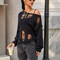 Korean style off-shoulder women's top - casual, relaxed fit, loose,  autumn new arrival, distressed & cutout long sleeve sweater
