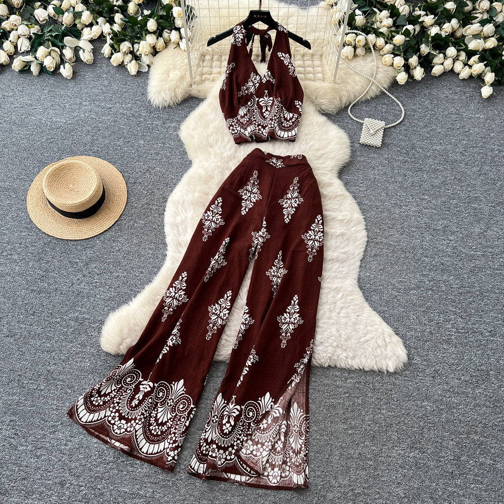 Vacation-style printed halter sleeveless dress women's summer lazy high-waisted wide-leg pants two-piece set - premium feel