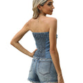 Fashion cross-border women's clothing new arrival  independent station washed one-row button off-shoulder raw edge denim sexy tube top trendy