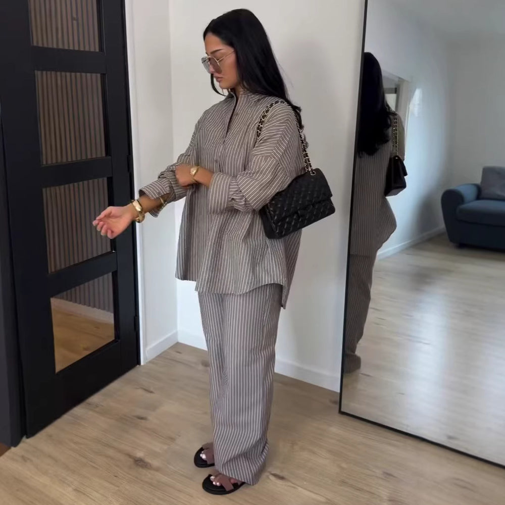 European and american cross-border women's fashion:  summer new collection - striped, loose-fit, long-sleeve shirt and wide-leg pants casual set